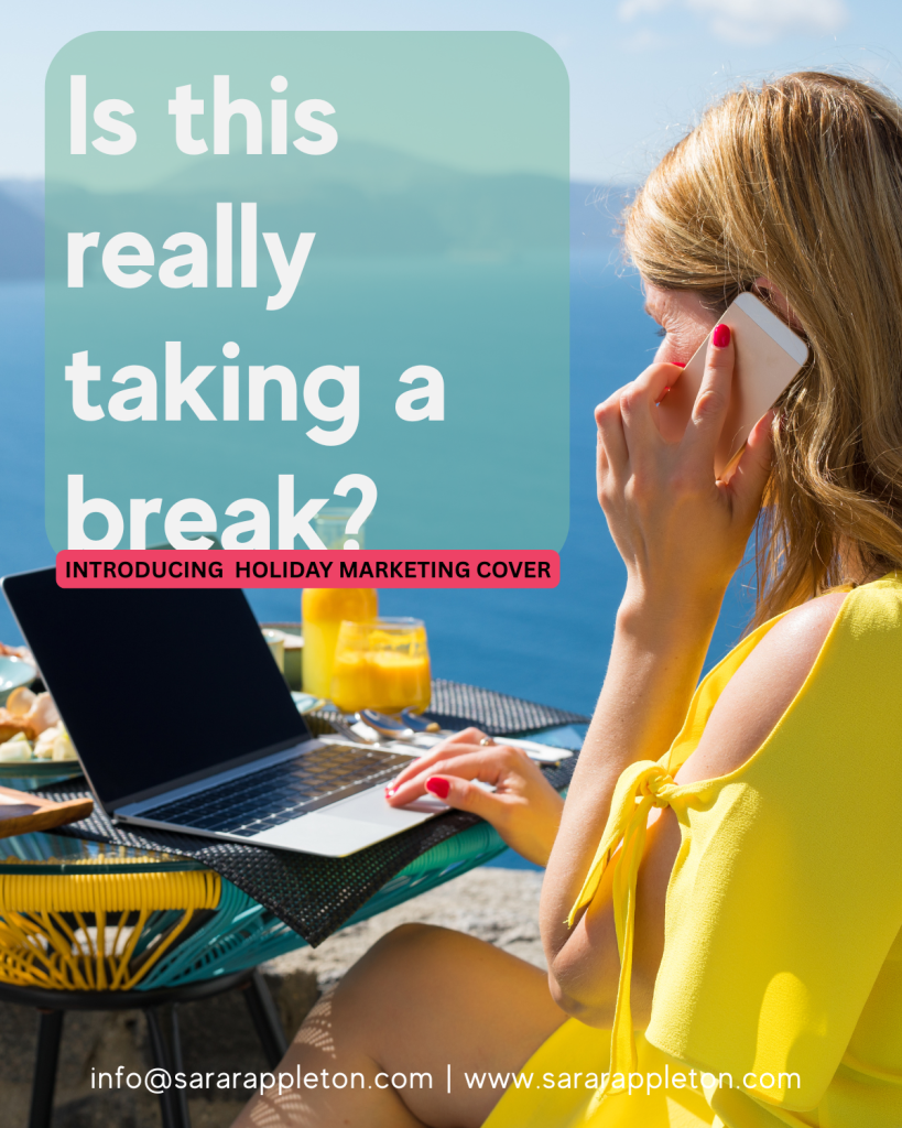 A lady on holiday with a phone to her ear and laptop, with a cocktail depicting working on holiday.